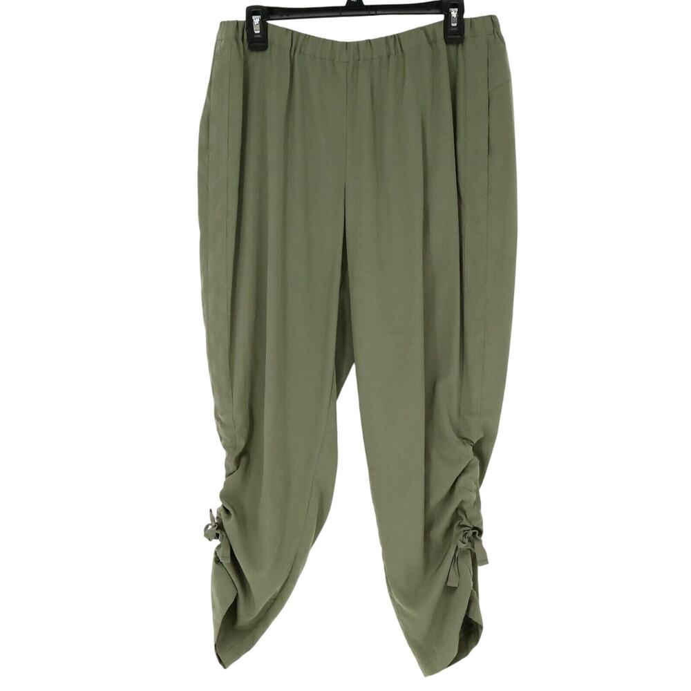 Chicos Pants 1.5 Womens Medium 10 Green Ankle Pull On Ruched Leg Elastic Waist